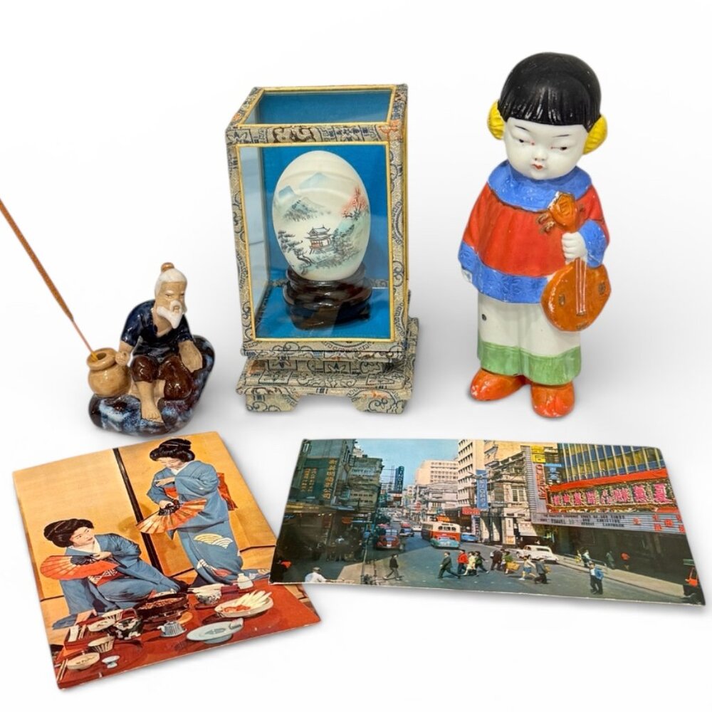 Vintage Asian Bundle Frozen Charlotte- Mud Man-Post Cards-Egg in case